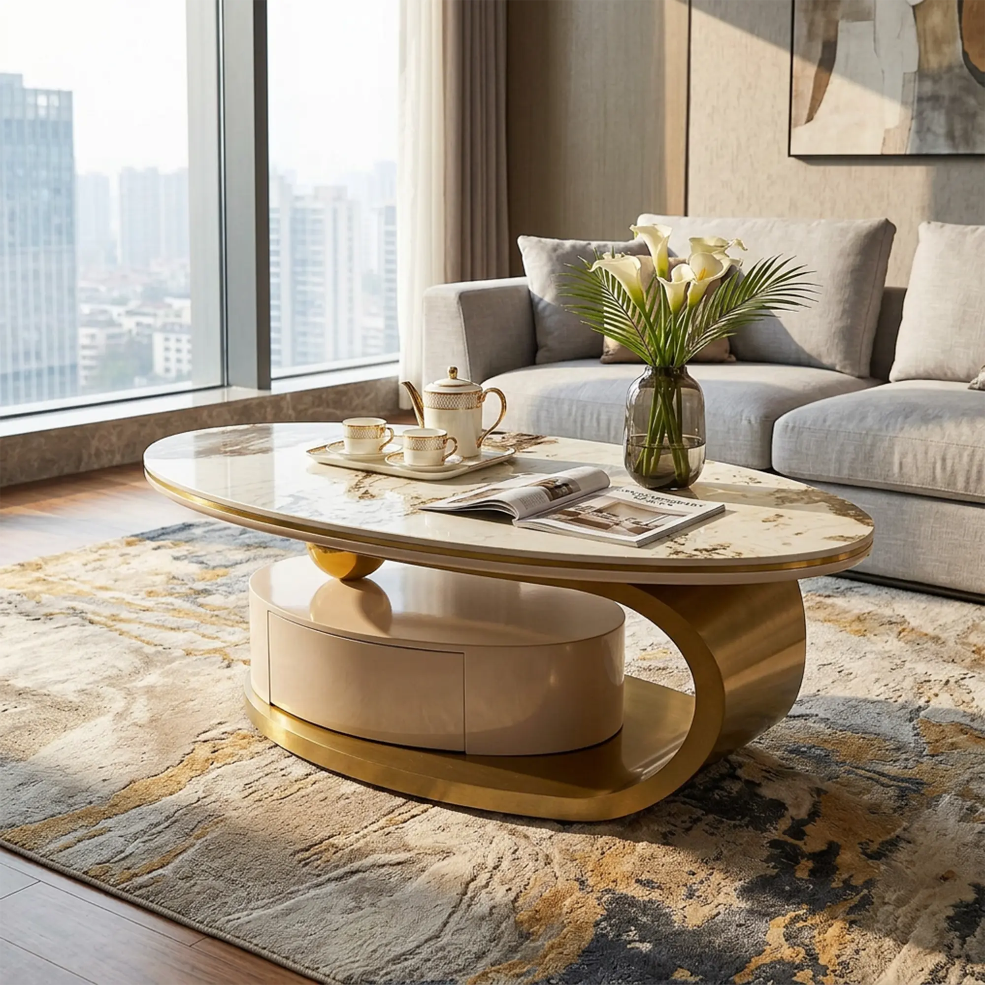 Modern Oval Coffee Table with Gold Stainless Steel Base Luxury Coffee Table with 1 Drawer and White Glass Tabletop Living Room Table for Office Home Apartment Easy to Assemble and Clean coffee  tables