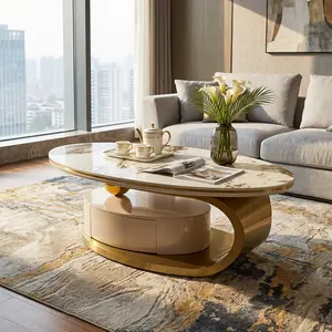 Modern Oval Sintered Stone Coffee Table with Gold Stainless Steel Base Luxury Coffee Table with 1 Drawer White Living Room Table for Office Home Apartment Easy to Assemble and Clean coffee  tables
