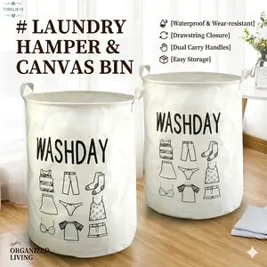 Canvas Storage Basket,Collapsible Round Storage Bin Waterproof for College Dorms, Boys and Girls Bedroom,Bathroom (WASHDAY)