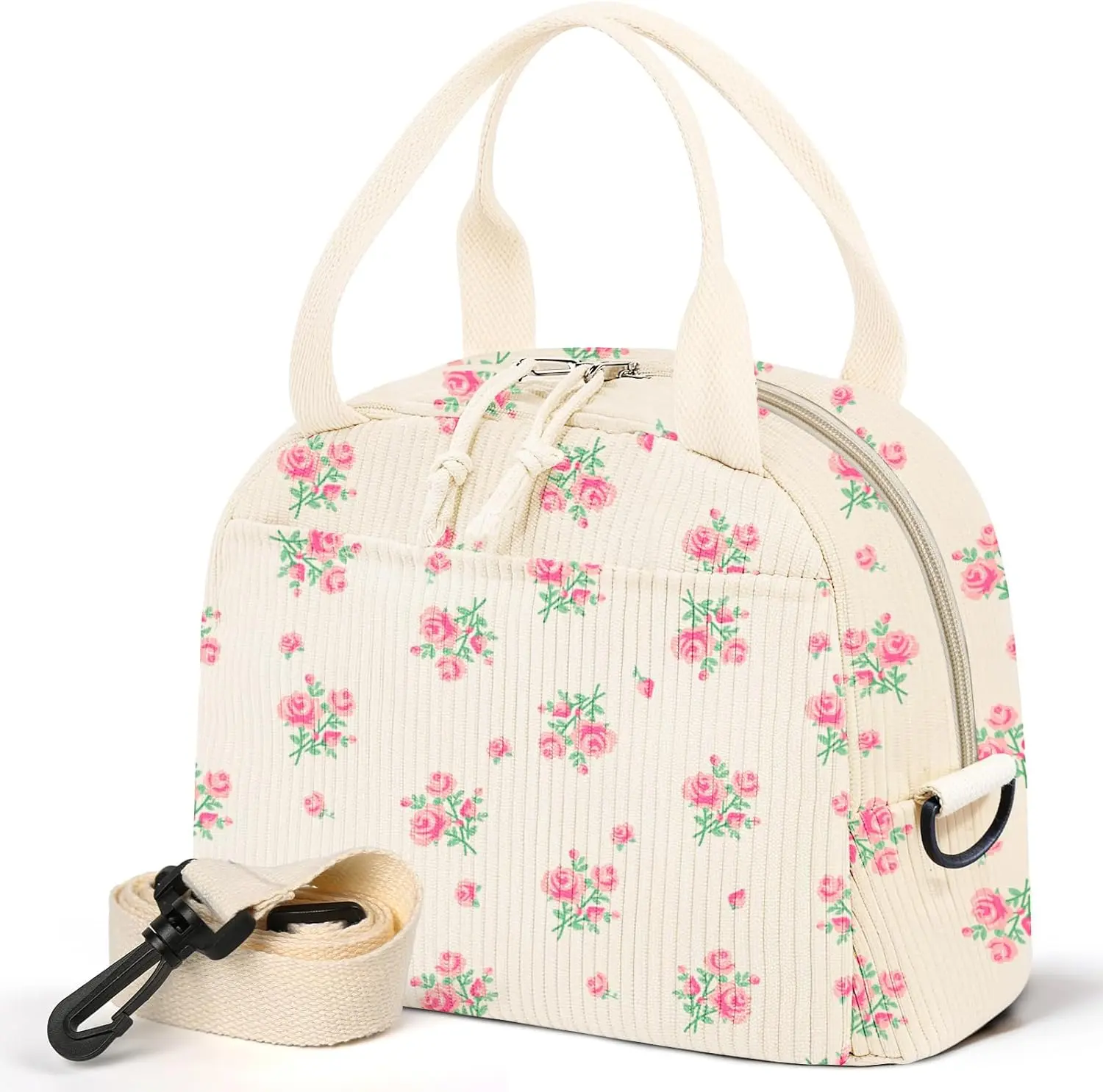 Lunch Box for Women,Cherry Lunch Cute Corduroy Insulated Lunch Box With Shoulder Strap for Adult Womens for Work Picnic (pink floral)