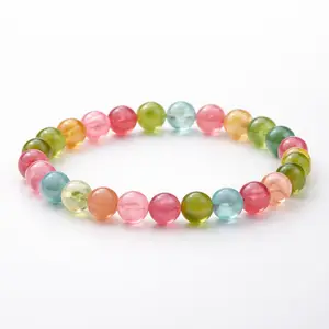 Lily Crystal, Rainbow Tourmaline Beaded Bracelet with Elastic Band, Suitable for Most Sizes, Each One is Different