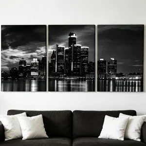 3-Piece Black and White City Skyline Framed Canvas Wall Art, Modern Night View Triptych Prints, Waterproof Ready-to-Hang Decoration for Living Room, Bedroom