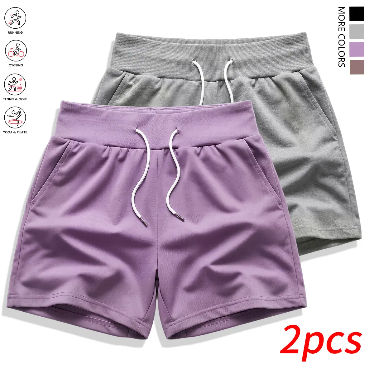 Women's Plain Twill Athletic Shorts 2-Pack, High-Waisted Loose Fit Bottoms with Pockets for Summer Yoga and Running
