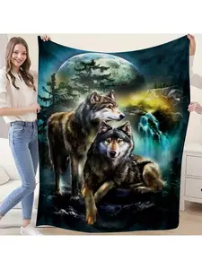 Wolf & Moon Forest Waterfall Polyester Blanket - Soft Throw for Couch, Bed, Camping, Picnic | Halloween Thanksgiving Christmas Home Decor Gift