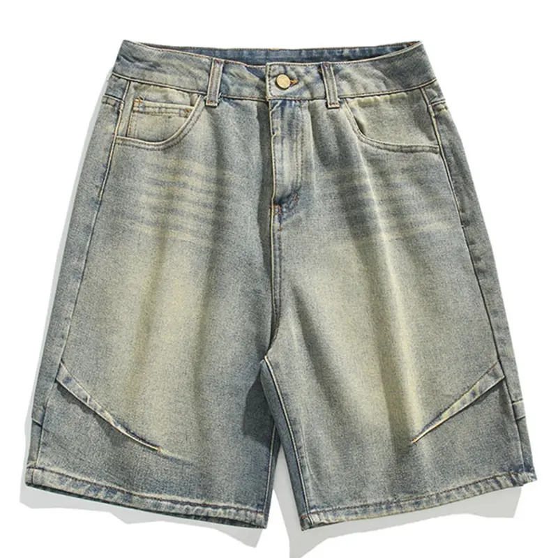 Men's Straight-Leg Jean Shorts in a Retro Patchwork Style, Chic Loose Fit with a Mid-Rise, Pockets, and Distressed Wash