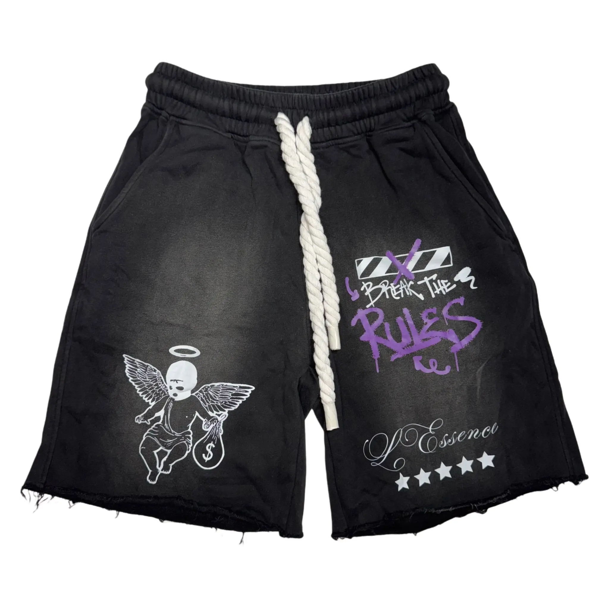 L'ESSENCE Customized Black Washed Shorts With Thick Drawstrings. shorts Fabric Fashion Menswear Oversized Man Sword Graphic
