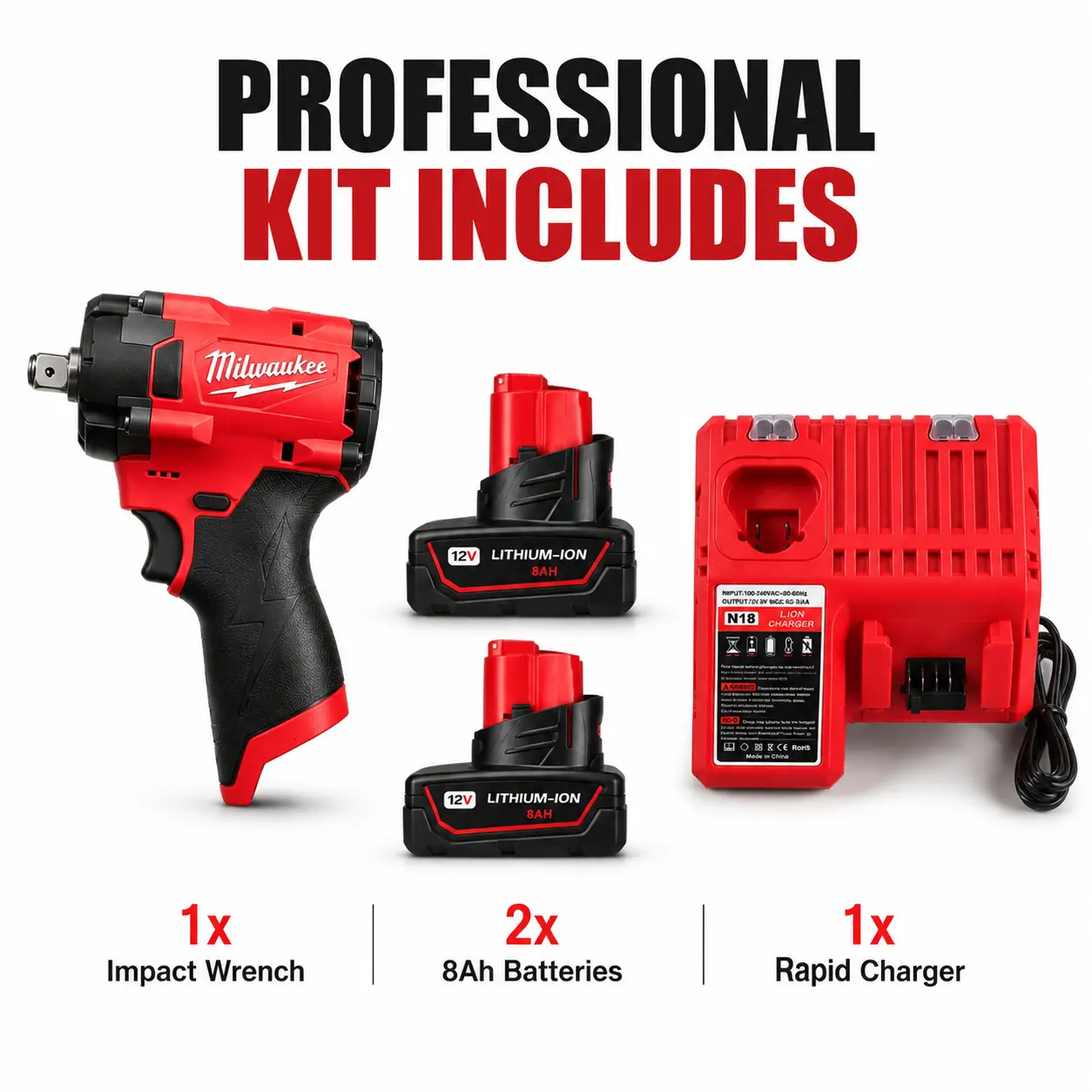 Milwaukee M12 1/2" Brushless Impact Driver 2552-20 | 12V 8.0Ah 2-Battery + Rapid Charger Kit | Compact Body, High Capacity Battery | For Electrical Installation, Cabinet Assembly outdoor construction tool energy