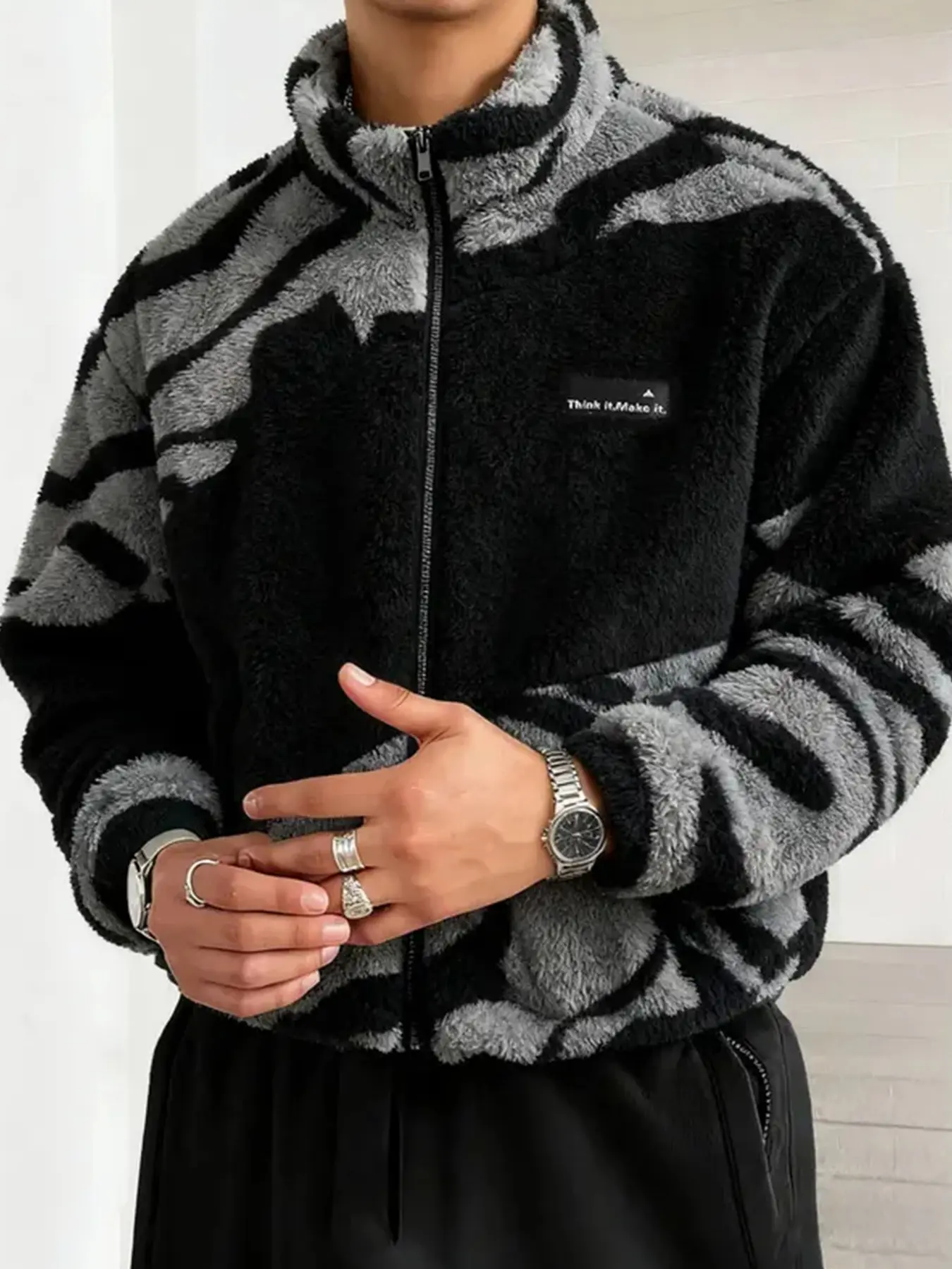 Men's Warm Casual Camouflage Fleece Jacket, Outerwear, Coats, Graphic Pattern Full Zipper, Simple Logo Detail, Cold Weather Street Style, Outdoor Wear