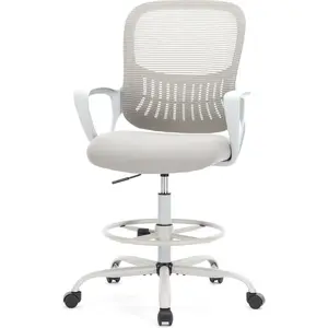Drafting Chair Height Adjustable Tall Office Chair For Standing Desk Drafting Table Art Studio Counter Height Ergonomic Tall Stool With Foot Ring Fixed Armrests Curved Back Lumbar Support