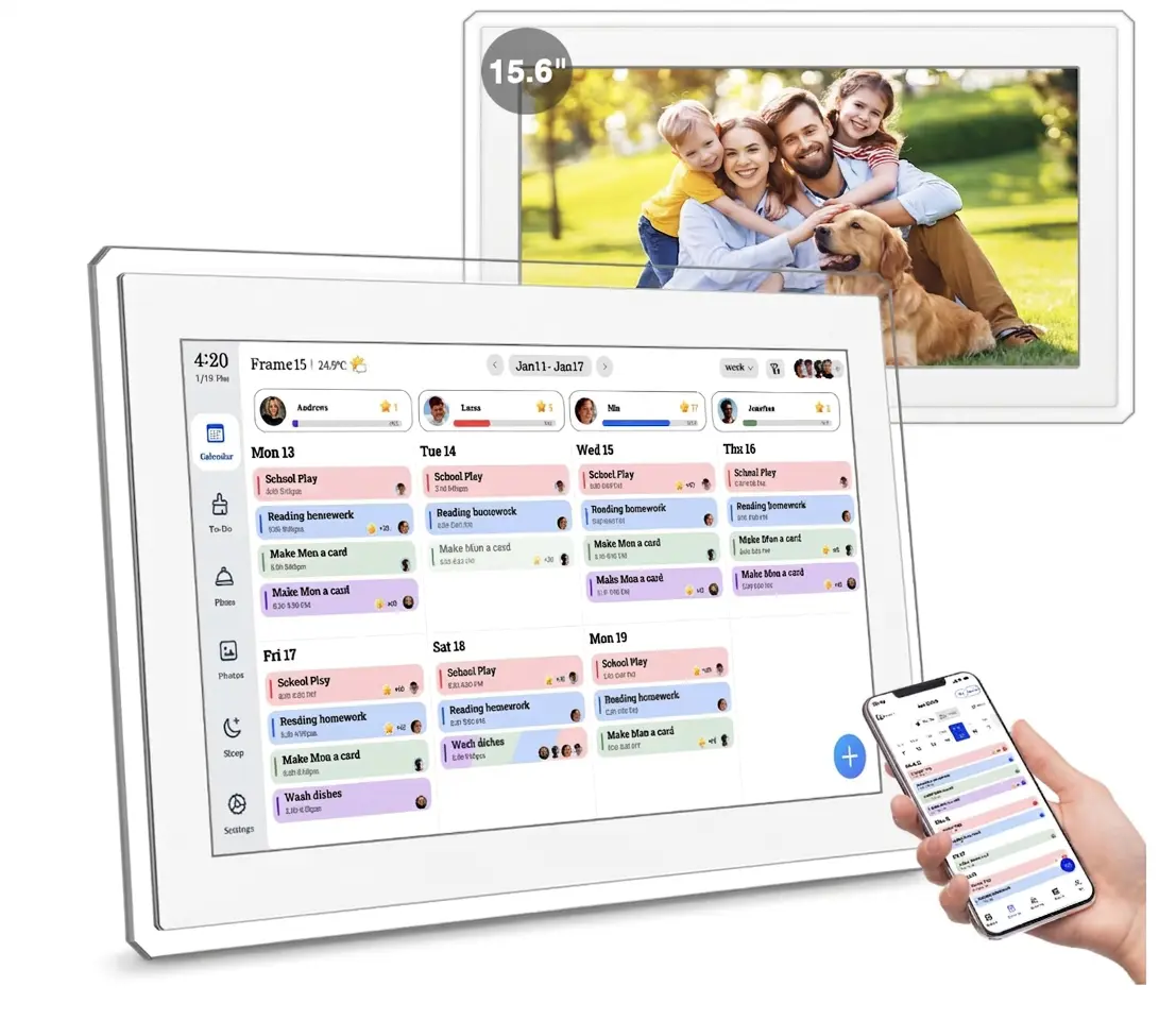15.6" Digital Calendar Wall Touch Screen, Chore Chart, Photo Frame, Refills | Real-time Google, Outlook and iCloud sync keeps every family member organized, with meal planning and no subscription fees.