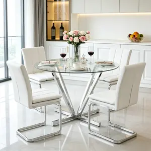 45.27 inch Round Glass Dining Table for 4-6,Modern Silver Kitchen Table with 0.32" Thick Tempered Glass Top&Metal Legs&Adjustable Feets,Easy Assembly Dinner Table Support 320 lbs for Dining Room,Apartment Furniture （Only Table）