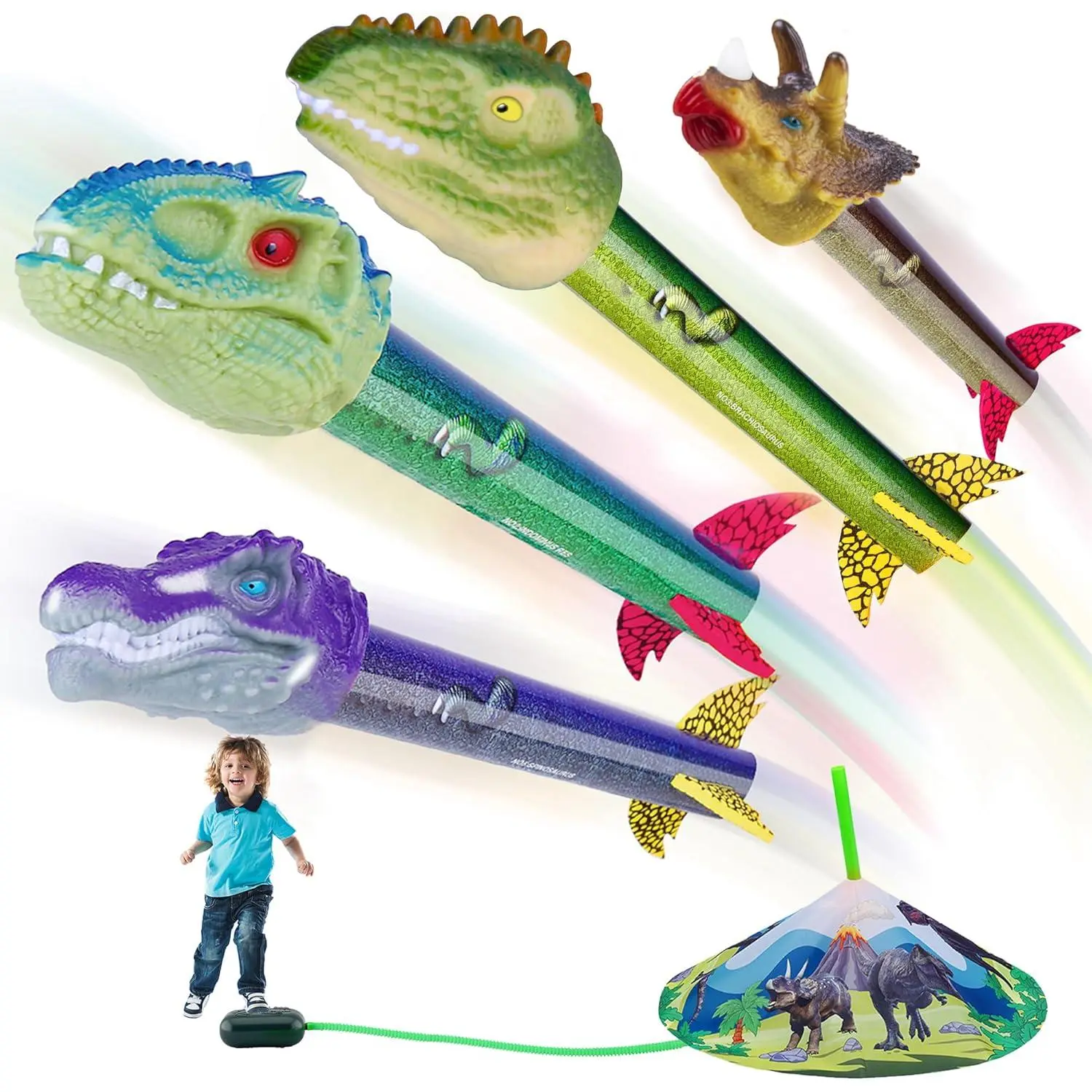 Dinosaur Plastic Rocket Launcher Outdoor Play Set for Boys - 100ft Long Range, 4 Rockets, All-Season Kids Gift for 3-12 Years, Outdoor Fun Toy, Boy