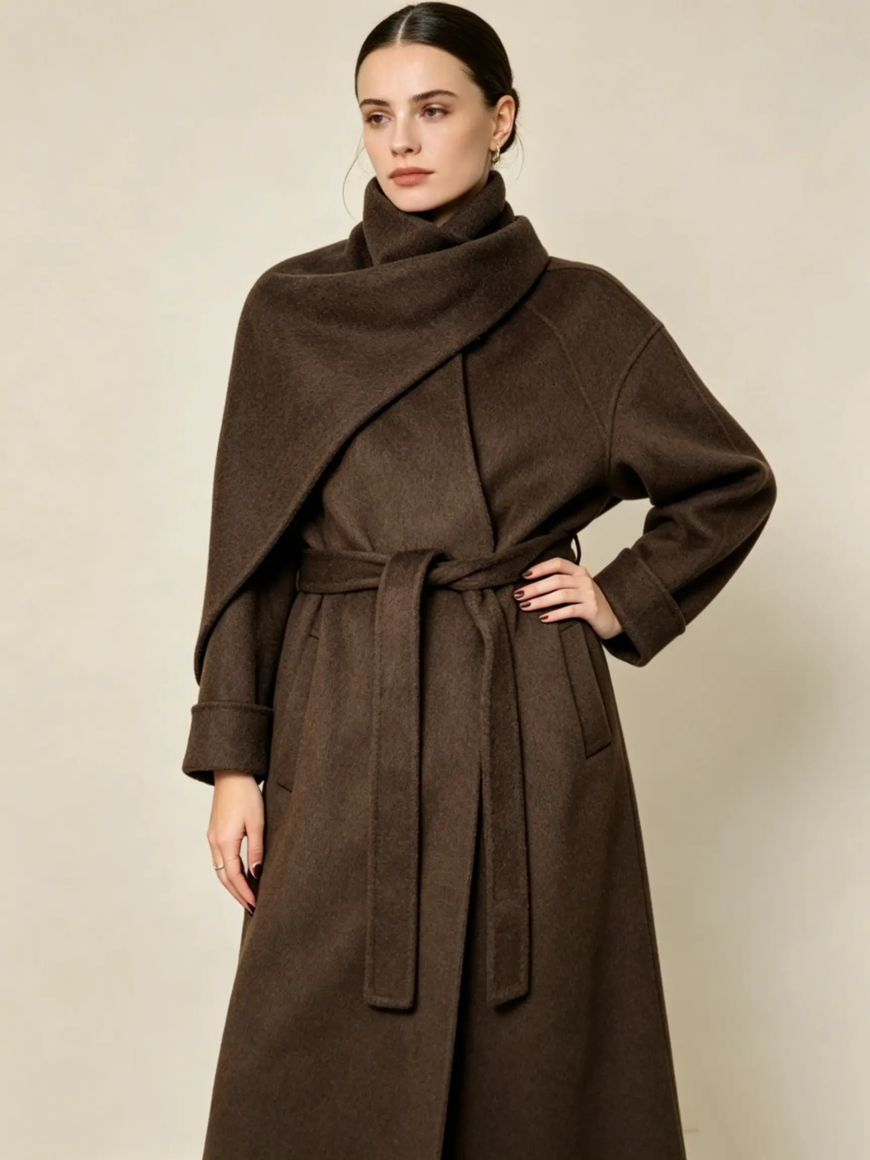 Women’s Oversized Scarf Wrap Collar Wool‑Blend Maxi Coat, Belted Waist Self‑Tie, Loose‑Fit Warm Winter OuterwearWomen’s Oversized Scarf Wrap Collar Wool‑Blend Maxi Coat, Belted Waist Self‑Tie, Loose‑Fit Warm Winter Outerwear