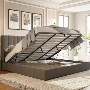 Lift-Up Storage Platform Bed Frame – Linen Upholstered Bed With Vertical Channel Tufted Wingback Headboard, Hydraulic System, Wood Slat Support, No Box Spring Needed