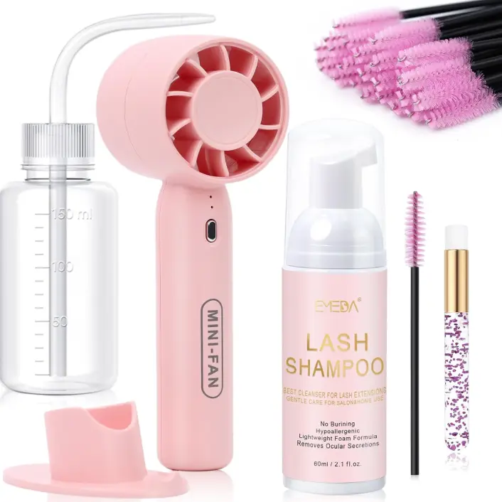 EMEDA Lash Shampoo Kit 2.02 fl oz Lash Cleaning Kit with Rechargeable Fan Dryer/Brush/Rinse Bottle, Oil-free Cleanser Wash for Extensions & Clusters & Natural Eyelashes, Cleaner for Eyelash Care