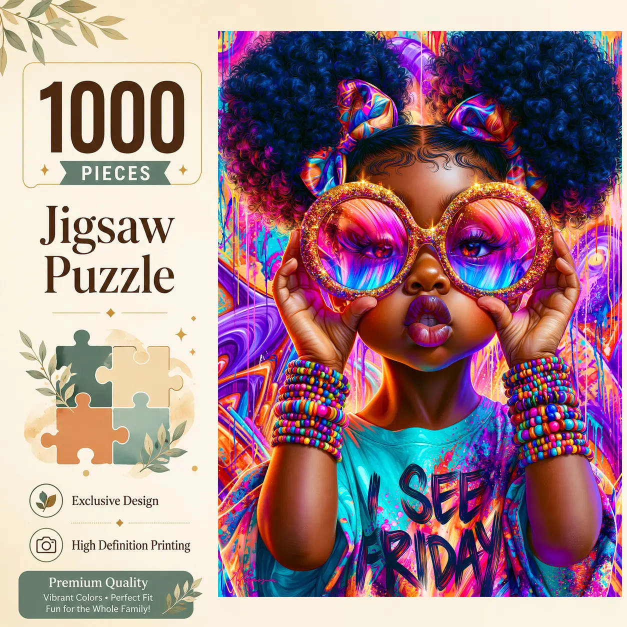 Colorful Girl with Oversized Sunglasses 1000 Pieces Jigsaw Puzzle for Adults, Challenging Family Game for Stress Relief Relaxation and Brain Exercise, Vibrant Street Art Wall Decor Gift for Art Lovers and Seniors, 19.7×29.5 inches（50×75cm）