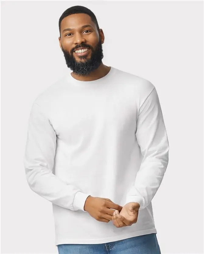 Gildan Men's G540 Preshrunk Cotton Crew Neck Long Sleeve T-Shirt - Fitted, Ribbed, Seamless, Double-Stitched, Shoulder-to-Shoulder Taped, Plain, Machine Washable, for Casual Streetwear