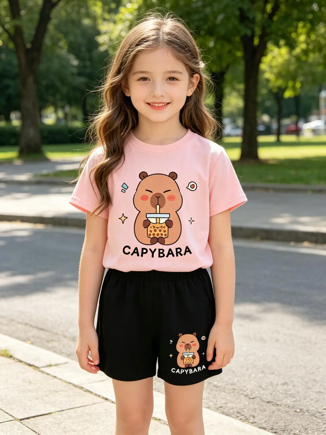 Kids Girls Hot Pink Capybara Bubble Tea Matching Set, Breathable Summer Loungewear for Kids, Cartoon Print Sleepwear