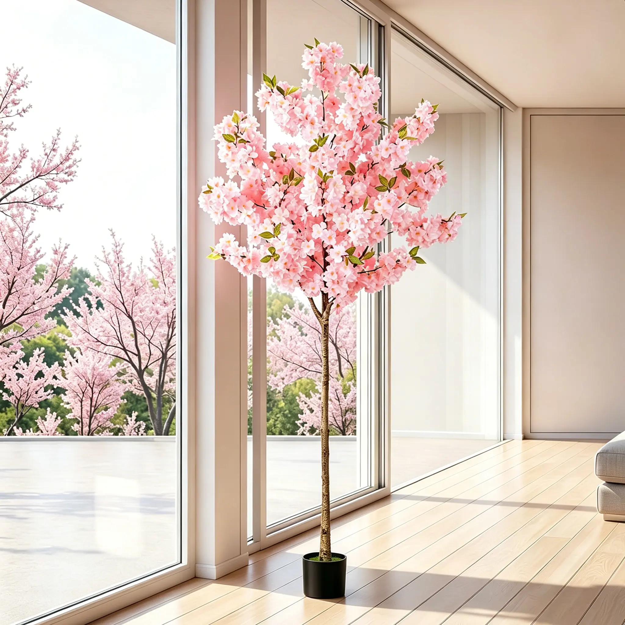 Artificial Cherry Blossom Tree, 5Ft Tall Fake Plants Indoor Decor, Faux Pink Sakura Flowers for Living Room Home House Entryway Bedroom Office Inside Decorations