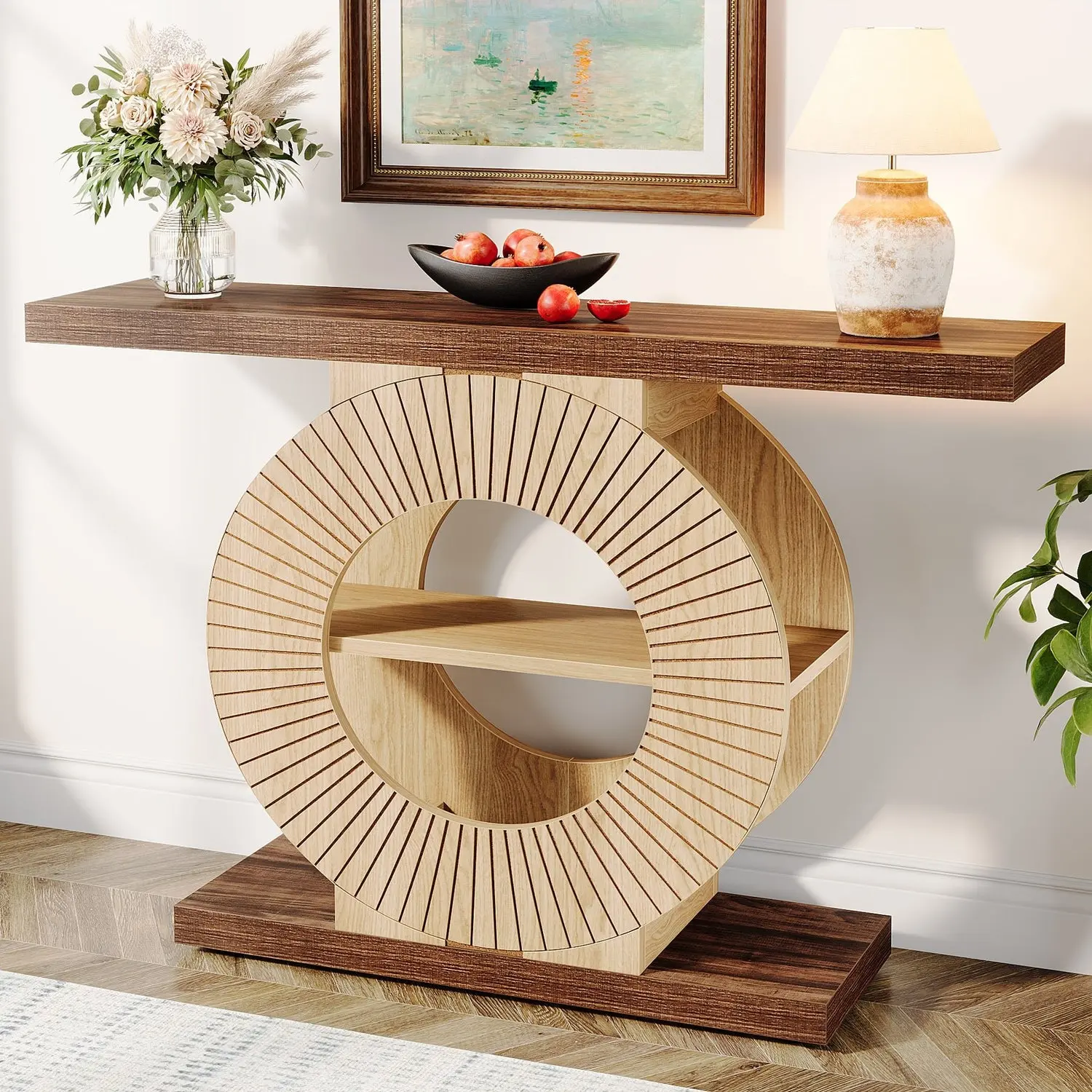 Spaco 39.3-Inch Wood Indoor Pedestal Table - Circle Pedestal Base, Storage Shelves, Entryway Accent for Living Room, Hallway, Circle Pedestal Tables, Indoor Pedestal Tables