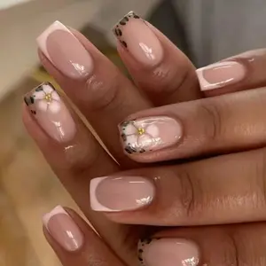 24pcs Short Square French Press-On Nails, Leopard Print and Flower Patterns, Nail Art Design, Glossy Acrylic False Nails Set for Women and Girls