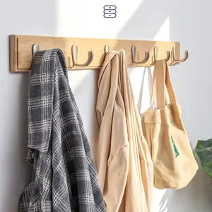 1pc Modern Bamboo Wall-Mounted Coat Rack with 5 Metal Hooks - No-Drill, Space-Saving Storage Solution for Entryway, Bedroom, Bathroom & Office - Stylish Keychain & Accessory Organizer, Rack for Bathroom Decor Shelves Decoration Natural Color
