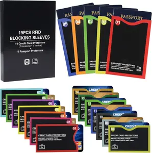 RFID Blocking Sleeves, Set with Color Coding (19 Pack, 14 Credit Card Protectors and 5 Passport Holder Sleeves), Identity Theft Protection