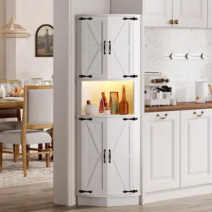 64.6" Farmhouse Corner Cabinet with LED Light, Tall Bathroom Cabinet with 4 Barn Doors and 5 Tier Shelves, Freestanding Corner Bar Cabinet with USB Ports & Outlets for Living Room, Kitchen, Bar, White