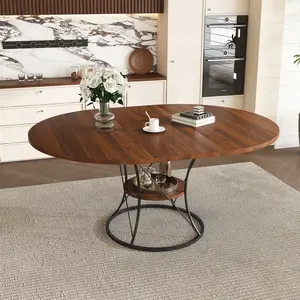 43.31-59 Inch Extendable Round Dining Table, Walnut Veneer Tabletop Matte Black Metal Frame, Tool-Free Clasp Extension Triangular Support with Mesh Storage Shelf for 4-6 People Home Dining Use
