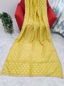 Borderless Olive Yellow Green Khaddi Organza Saree with All-Over Butta & Scalloped Pearl Lace