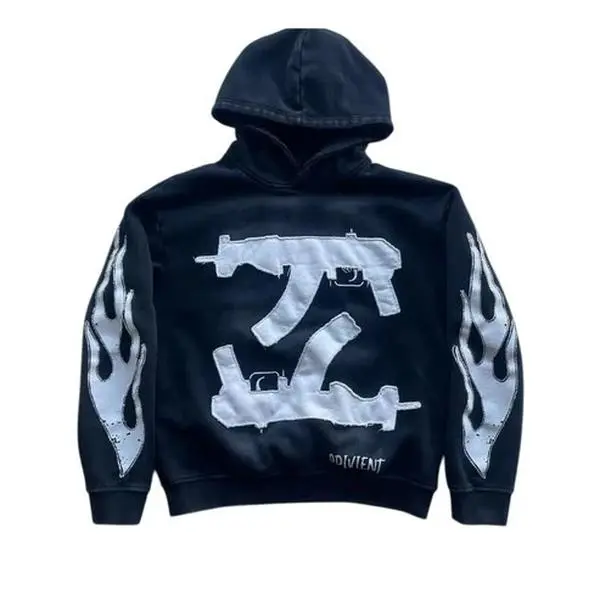 Women's Oversized Distressed Graphic Pullover Hoodie, Edgy Streetwear Long Sleeve Polyester Top with a Kangaroo Pocket, Tops