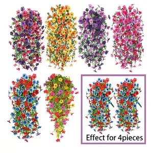 4 pieces of outdoor decorative artificial hanging flowers and plants, fake chrysanthemums and violets with eucalyptus, UV-resistant realistic daisy climbing plants, suitable for courtyard, balcony, porch decoration, indoor wall and cabinet decoration, wed