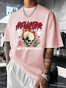 Men's Short Sleeve T-Shirt Summer Hellstar Flame Skull Dollar Print, American High Street Dark Fashion, Loose Fit Drop Shoulder Top