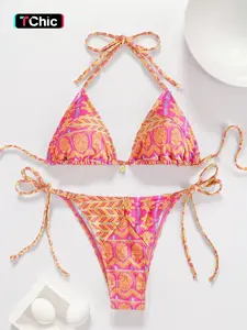 Two-piece Set Women's Sexy All Over Print Halter Neckline Bikini, Sexy Tie Back Halter Triangle Swim Top & Tie Side Swim Bottom for Summer, Bathing Suits, Colorblock Bikini, Padded Bikini Set, Bikinis Sets, Halter Bikini Swimsuit