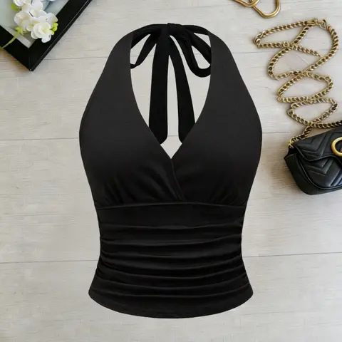 Plus Size Women's Halter Hollow Out V-Neck Ruched Sleeveless Short Top Black, Tie Back Cut Out Casual Comfy Cami, Stylish Casual Summer Fashion, Fit, Comfortable and Trendy