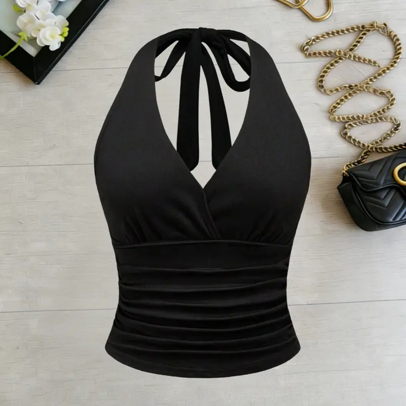 Plus Size Women's Halter Hollow Out V-Neck Ruched Sleeveless Short Top Black, Tie Back Cut Out Casual Comfy Cami, Stylish Casual Summer Fashion, Fit, Comfortable and Trendy