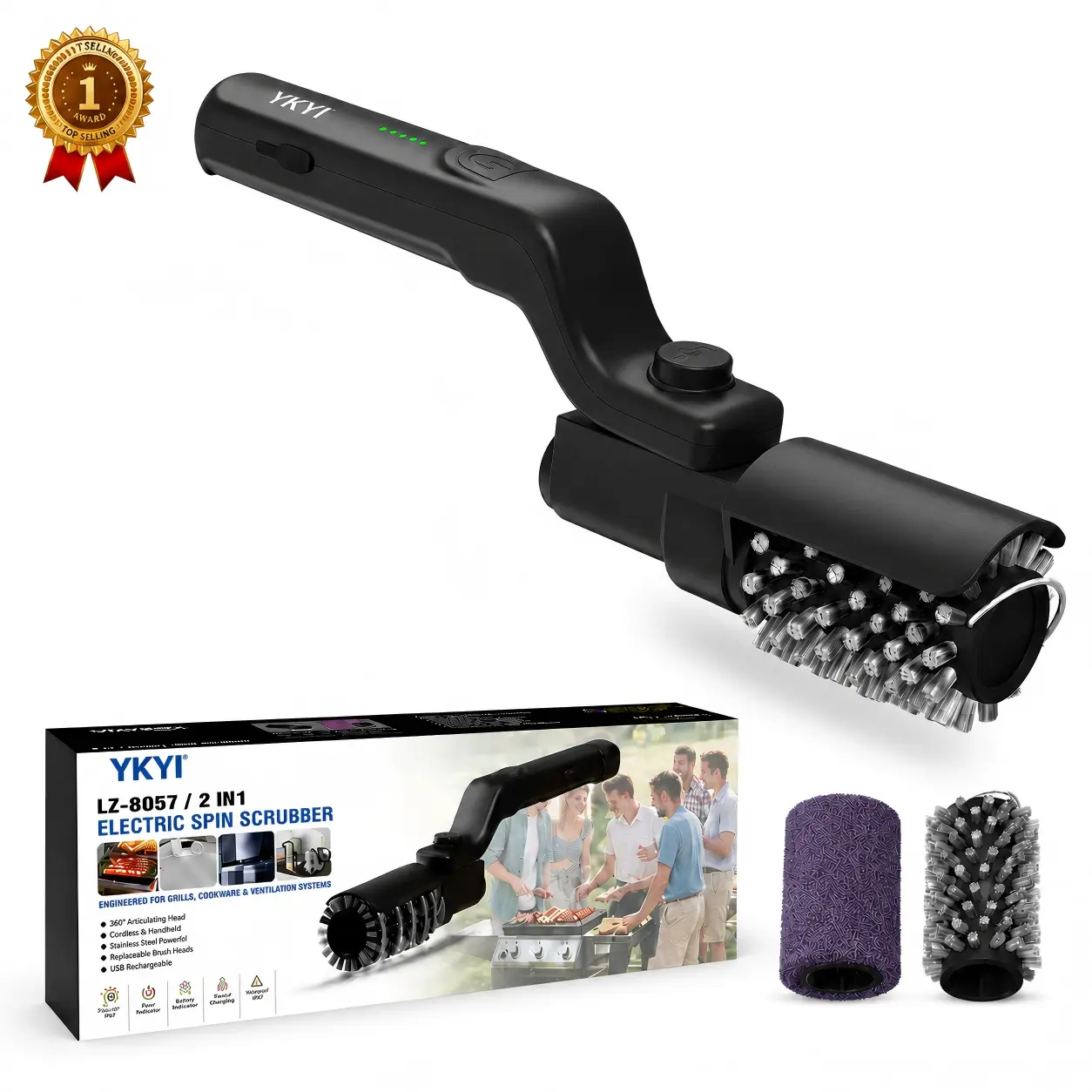 [Father's Day Gift] YKYI Stainless Steel Cordless Electric Grill Brush 2026 New, 2 Heads, 3-Speed, Adjustable Angle, 150Mins Runtime Rotary Tool for Outdoor Barbecue Grates, BBQ Tools & Grilling Barbecue Accessories