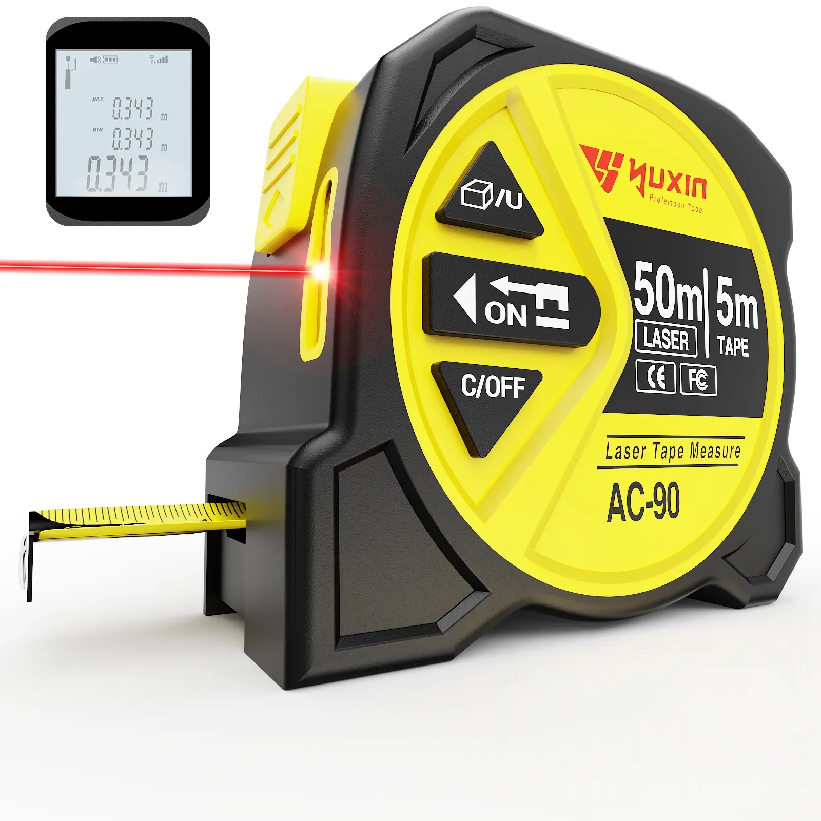 【DealsForYouDays】2-in-1 Digital Laser Tape Measure, 5m-50m Range, LCD Display, Self-Locking Mechanism, Heavy-Duty Portable Accurate Measuring Tool, Industrial Hardware, Yellow Tape Measure with Included Cells, All Seasons Optical Instrument, 5M To 50M