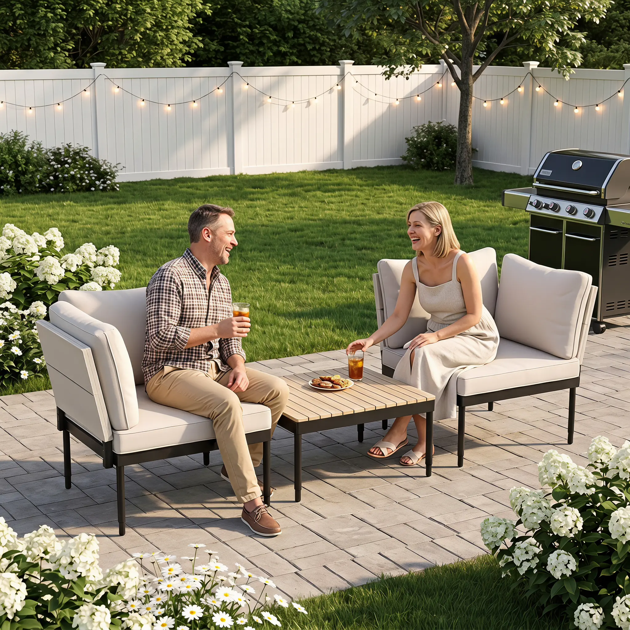 Outdoor Patio Convertible Sofa, 3 in 1 Functions; Transforms into Sun Lounger Chaise with 4 Height Adjustments or 2 Armchairs with Coffee Table, Machine Washable Cushions and Rust Resistant Steel Frame, Simple Fast Installation