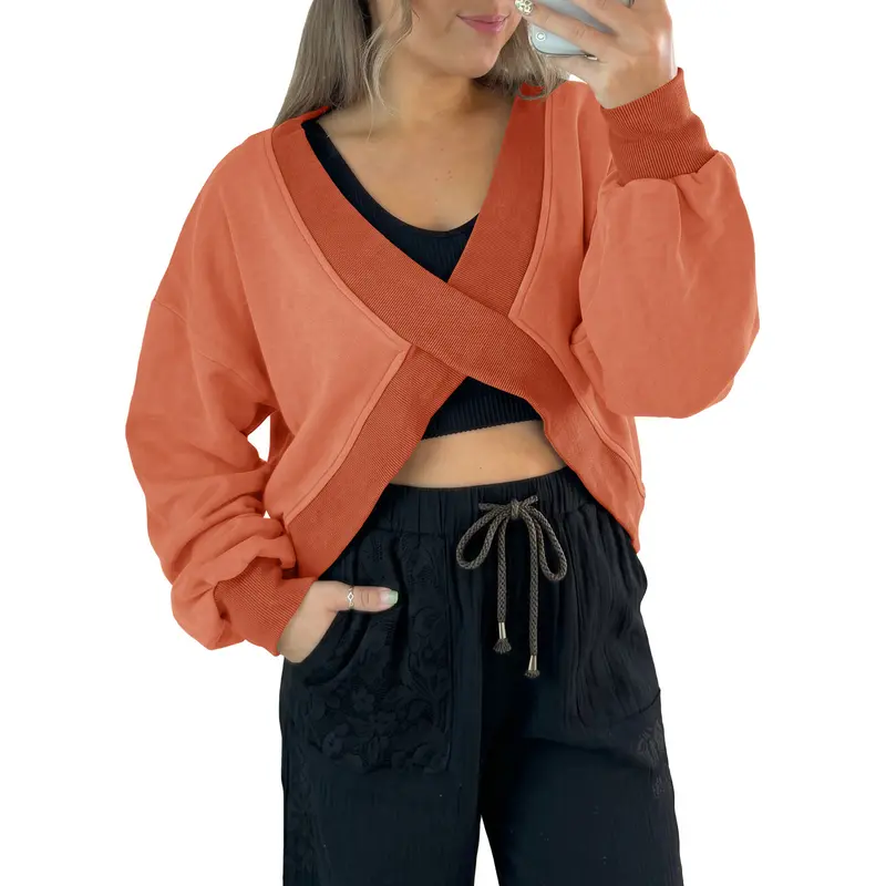 Fisoew Womens Pullover Sweatshirt Soft Oversized V-Neck with a Criss Cross Wrap Hem, Long Balloon Sleeve Cropped Casual Loungewear,back to school,back to school shopping, Women's Tops And Blouses