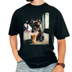 French Bulldog Iced Coffee Shirt, Funny Dog Coffee Lover Tee, Grunge Frenchie Graphic Shirt, Trendy Aesthetic Dog Tee, Unisex Graphic Top Streetwear