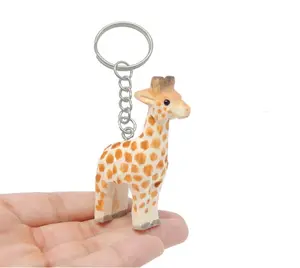 Giraffe Safari Zoo Keychain Ring Clip Charm Miniature Wood Mini Figurine Small Animal