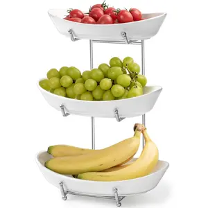 Fruit Bowl Basket for Kitchen Counter, 3 Tier Ceramic Serving Bowls with Metal Stand, Tiered Fruit Basket for Fruit, Vegetable, Snack, Nuts, Serving Tray Set for Entertaining