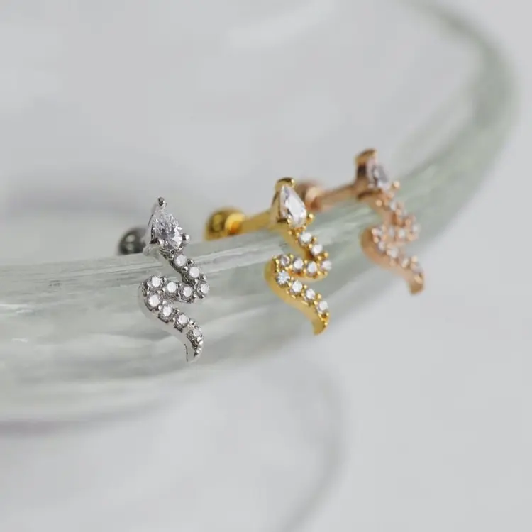 18g Cz Snake Cartilage Stud • Simple Tragus Earring • Flat Back Conch Rose gold Earring • 16g Dainty Studs • Crystal Cartilage Piercing