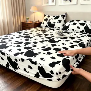 3-Piece Black & White Cow Print Fitted Sheet Bedding Set, 1 Fitted Sheet + 2 Pillowcases (No Insert), Soft & Comfortable Fabric, Cute Cow Pattern Bedroom Decor, Ideal Bedding Gift