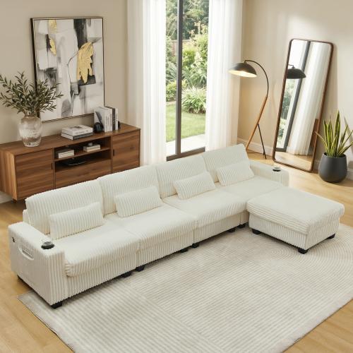 【3-Piece Set 】Niccae 126" Oversized Sectional Couch for Living Room, L-Shaped Modular Corduroy Sofa with Ottoman, Cup Holders, 4-Seater Convertible Design, Charge Port, Waist & Back Pillows