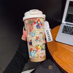 530ML/17.92oz Paddington Bear Vintage Collage with Gingham & Pastry Pattern Print Coffee mug, Tumbler with straw and lanyard, 316 stainless steel, keeps drinks hot & cold, Portable travel & sports cup, Ideal for home and outdoor activities