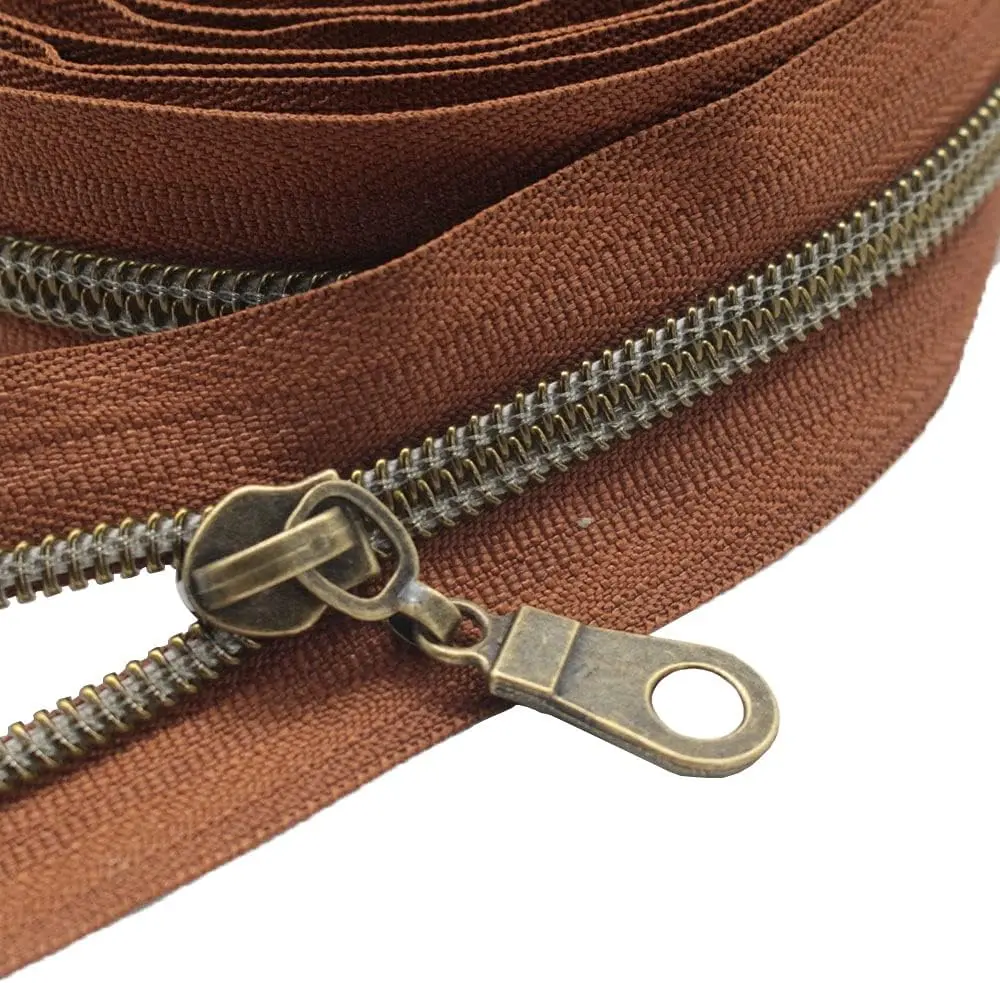 #5 Antique Brass Metallic Nylon Coil Zippers by The Yard Bulk Coil Zipper Roll 10 Yards with 25 count Pulls for DIY Sewing Craft Bags (Brown)