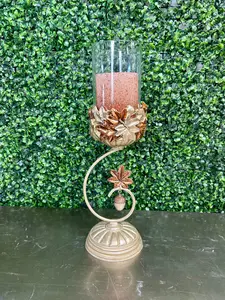 Hay And Harvest Champagne Metal Scroll Candle Holder With Flameless Candle