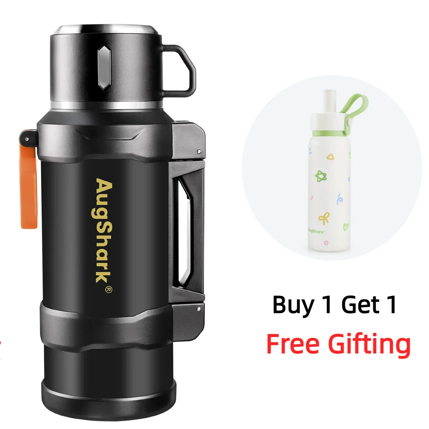 【Free Gifting】Augshark 67oz Large  Leakproof Vacuum Thermos , Keeps Cold 24H, Hot 12H Capacity Insulated Stainless Steel Water Bottle with Cup, Foldable Handle, Pour Lid for Camping, Travel